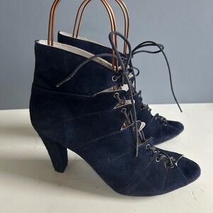 Eric Michael Booties Heels Size 9 39 Blue Suede Peep Toe Lace Up Portugal Boho